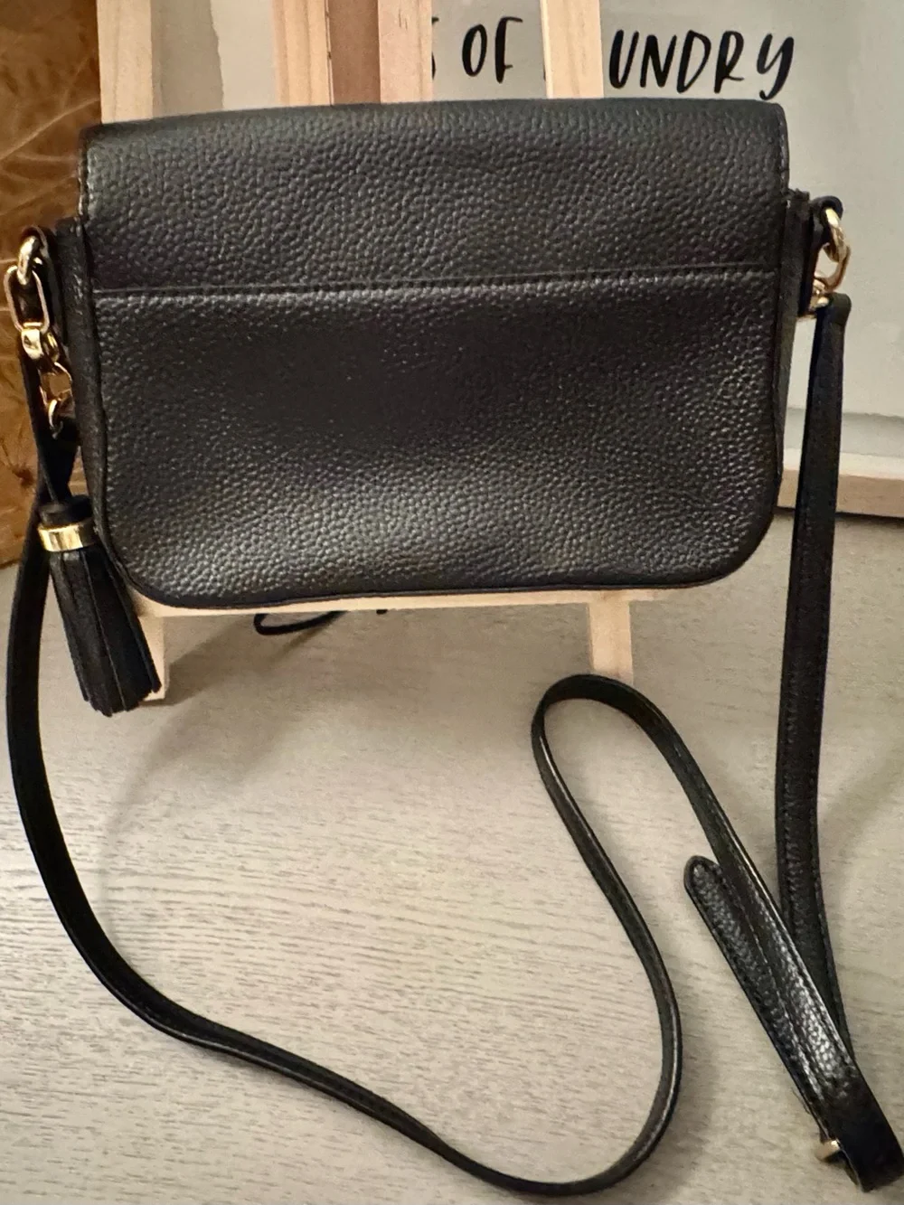 Lauren Ralph Lauren Black Pebbled Leather Crossbody Tassel Bag